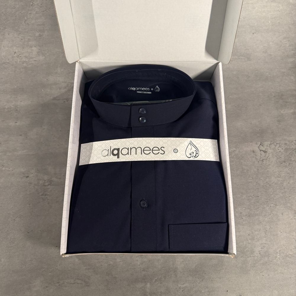 Alqamees Thobe Men XL Navy Blue Mandarin Collar Long Sleeve Jubba NEW